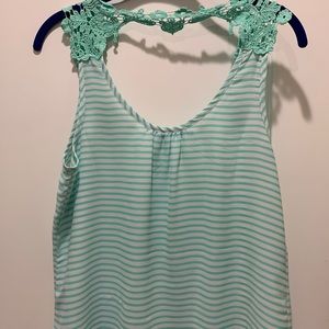 Women’s green & white strip tank lace detailing